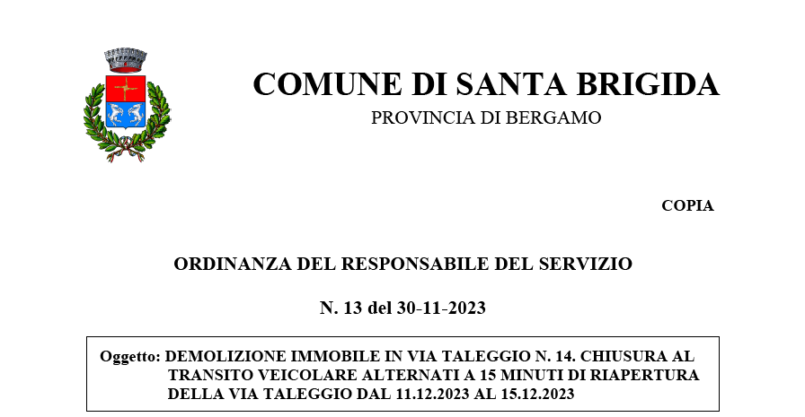 Immagine ORDINANZA 13/2023 - DEMOLIZIONE IMMOBILE IN VIA TALEGGIO N. 14.